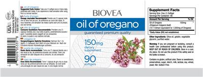 Photo of the BIOVEA Oil of Oregano 150 mg label