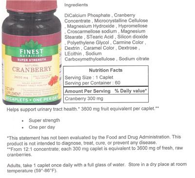 Photo of the Finest Nutrition Natural Cranberry label