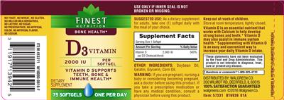 Photo of the Finest Nutrition D3 Vitamin 2000 IU label