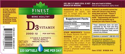 Photo of the Finest Nutrition D3 Vitamin 2000 IU label