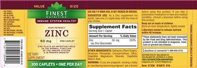 Photo of the Finest Nutrition High Potency Zinc 50 mg label