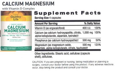 Photo of the Country Life Target-Mins Calcium Magnesium With Vitamin D Complex label