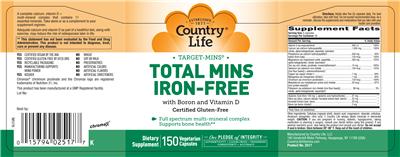 Photo of the Country Life Target-Mins Total Mins Iron-Free With Boron And Vitamin D label