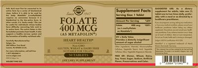 Photo of the Solgar Folate 400 mcg (As Metafolin) label