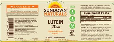 Photo of the Sundown Naturals Lutein 20 mg label