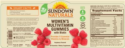 Photo of the Sundown Naturals Women's Multivitamin Gummies With Biotin Raspberry Flavored label