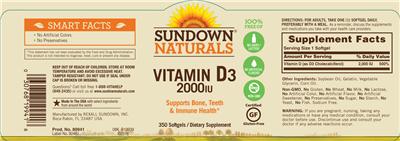 Photo of the Sundown Naturals Vitamin D3 2000 IU label