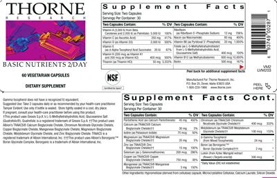 Photo of the Thorne Research Basic Nutrients 2/Day label