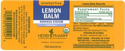 Photo of the Herb Pharm Lemon Balm Alcohol-Free label