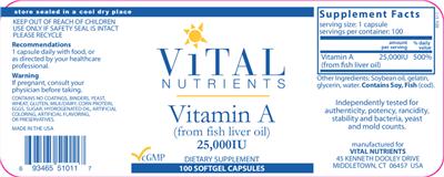 Photo of the Vital Nutrients Vitamin A (from Fish Liver Oil) 25,000 IU label