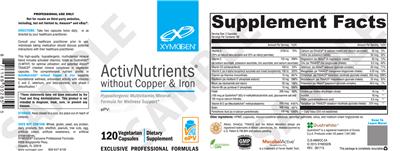 Photo of the XYMOGEN ActivNutrients without Copper & Iron label