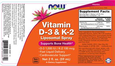 Photo of the NOW Vitamin D-3 & K-2 Liposomal Spray label