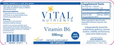 Photo of the Vital Nutrients Vitamin B6 100 mg label