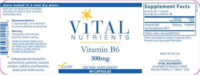 Photo of the Vital Nutrients Vitamin B6 300 mg label