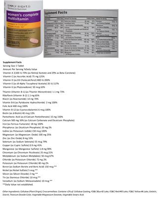 Photo of the Simply Right Women's Complete Multivitamin label