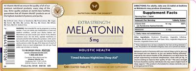 Photo of the Vitamin World Extra Strength Melatonin 5 mg label