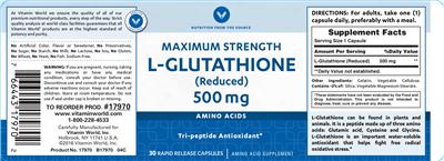 Photo of the Vitamin World Maximum Strengh L-Glutathione (Reduced) 500 mg label