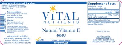 Photo of the Vital Nutrients Natural Vitamin E 400 IU label