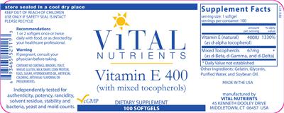 Photo of the Vital Nutrients Vitamin E 400 label