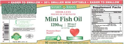 Photo of the Nature's Bounty Odor-Less Premium Strength Mini Fish Oil 1290 mg label