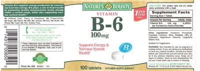 Photo of the Nature's Bounty Vitamin B-6 100 mg label