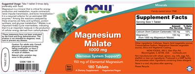 Photo of the NOW Magnesium Malate 1000 mg label