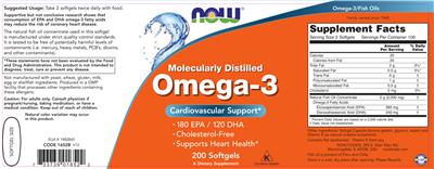 Photo of the NOW Molecularly Distilled Omega-3 label