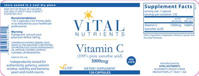 Photo of the Vital Nutrients Vitamin C 1000 mg label