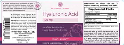 Photo of the Vitamin World Hyaluronic Acid label