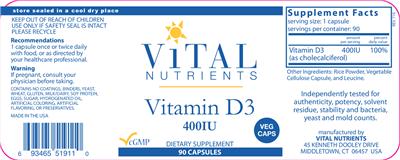 Photo of the Vital Nutrients Vitamin D3 400 IU label