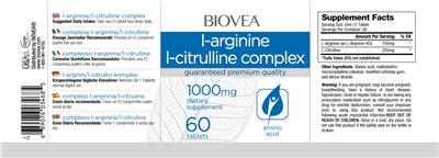 Photo of the BIOVEA L-Arginine L-Citrulline Complex 1000 mg label