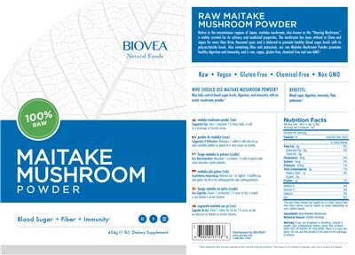 Photo of the BIOVEA Natural Foods Maitake Mushroom Powder label
