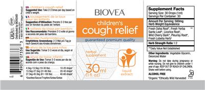 Photo of the BIOVEA Children's Cough Relief label