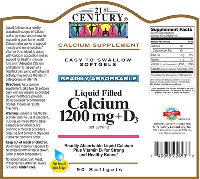 Photo of the 21st Century Calcium 1200 mg + D3 label