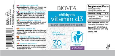 Photo of the BIOVEA Children's Vitamin D3 Grape Flavor label