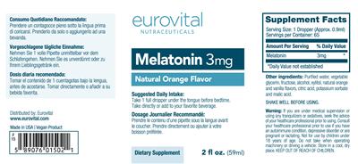 Photo of the Eurovital Nutraceuticals Melatonin 3 mg Natural Orange Flavor label