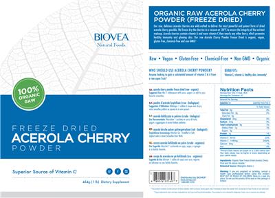 Photo of the BIOVEA Natural Foods Freeze Dried Acerola Cherry Powder label
