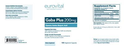 Photo of the Eurovital Nutraceuticals Gaba Plus 200 mg label