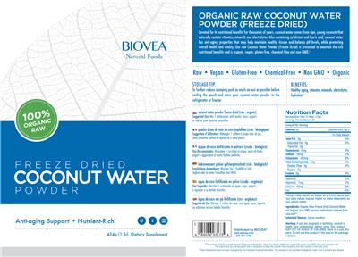 Photo of the BIOVEA Natural Foods Freeze Dried Coconut Water Powder label