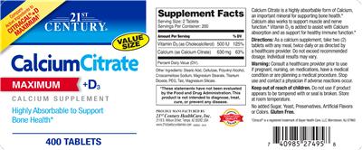 Photo of the 21st Century Calcium Citrate + D3 Maximum label
