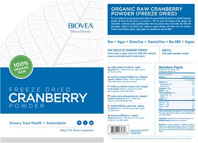 Photo of the BIOVEA Natural Foods Freeze Dried Cranberry Powder label