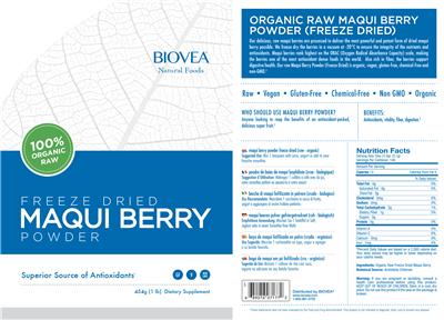 Photo of the BIOVEA Natural Foods Freeze Dried Maqui Berry Powder label