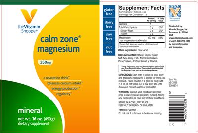 Photo of the The Vitamin Shoppe Calm Zone Magnesium 350 mg label
