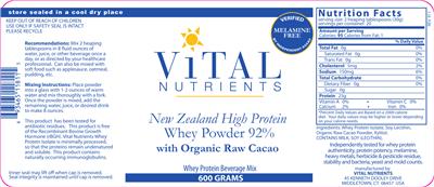 Photo of the Vital Nutrients Whey Powder 92% with Organic Raw Cacao label