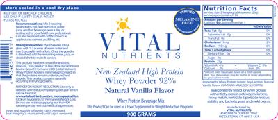 Photo of the Vital Nutrients Whey Powder 92% Natural Vanilla Flavor label