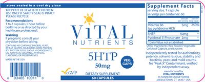 Photo of the Vital Nutrients 5HTP 50 mg label