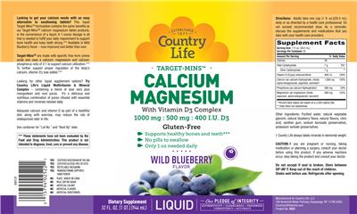 Photo of the Country Life Target-Mins Calcium Magnesium Wild Blueberry Flavor label