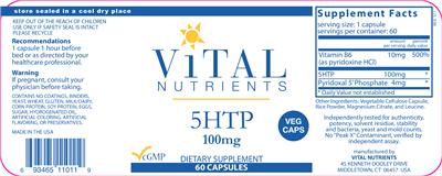 Photo of the Vital Nutrients 5HTP 100 mg label