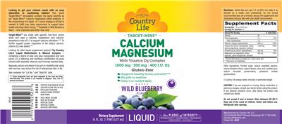 Photo of the Country Life Target-Mins Calcium Magnesium With Vitamin D3 Complex Wild Blueberry Flavor label
