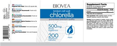 Photo of the BIOVEA Broken Cell Wall Chlorella 500 mg label